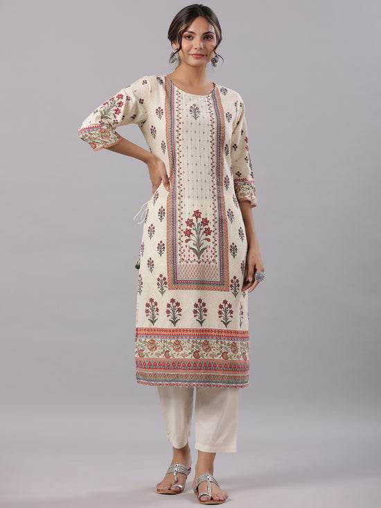 Juniper Women'S Beige Cambric Floral Placement Printed Straight Fit Kurta Sets