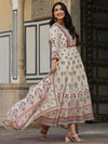 Juniper Women Beige Cotton Cambric Hand Block Look Printed Anarkali Kurta & Dupatta Set.