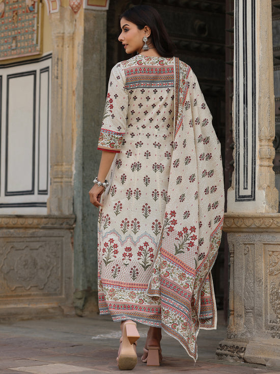 Juniper Women Beige Cotton Cambric Hand Block Look Printed Anarkali Kurta & Dupatta Set.