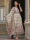 Juniper Women Beige Cotton Cambric Hand Block Look Printed Anarkali Kurta & Dupatta Set.