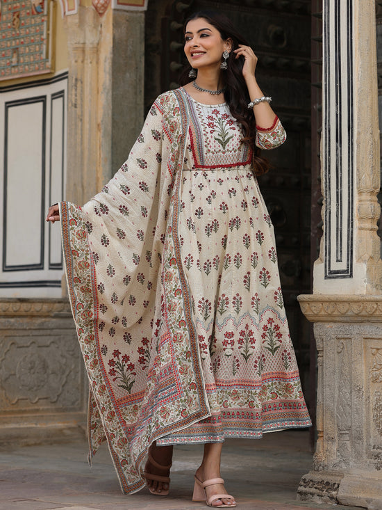 Juniper Women Beige Cotton Cambric Hand Block Look Printed Anarkali Kurta & Dupatta Set.