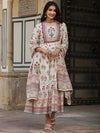 Juniper Women Beige Cotton Cambric Hand Block Look Printed Anarkali Kurta & Dupatta Set.