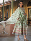 Juniper Women Lime Cotton Cambric Hand Block Look Printed Anarkali Kurta & Dupatta Set.