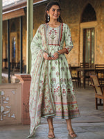 Juniper Women Lime Cotton Cambric Hand Block Look Printed Anarkali Kurta & Dupatta Set.