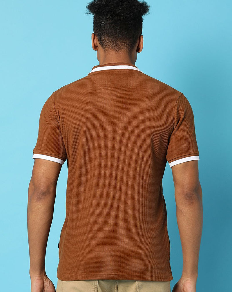 Campus Sutra Mens Tan Solid T-Shirt Regular Fit For Casual Wear | Cotton Blend Fabric | Collar Neck | Waffle Textured | Stylish T-Shirt Crafted With Comfort Fit & High Performance For Everyday Wear