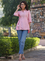 Juniper Women'S Pink Rayon Staple Solid With Embroidery Straight Tunic