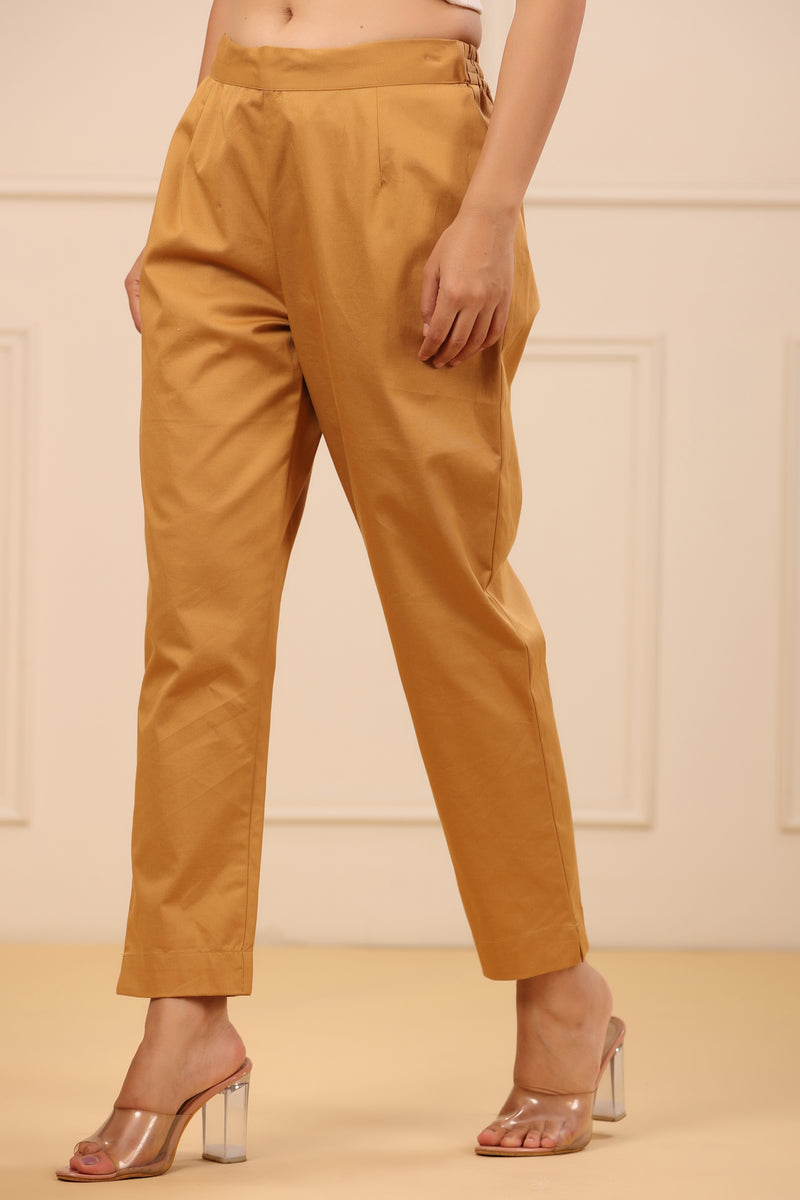 Juniper Women's Gold Cotton Twill Lycra Solid Straight Pant