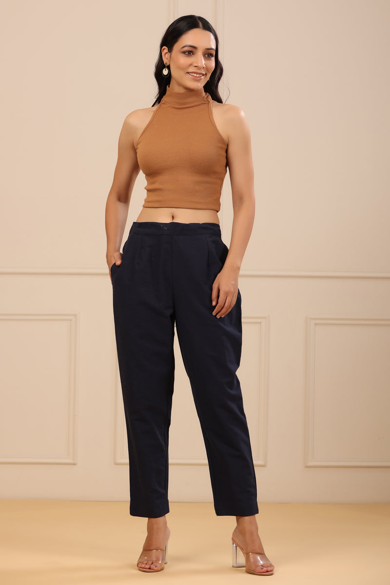 Juniper Women's Navy Cotton Twill Solid Straight Pant/Slim Pant