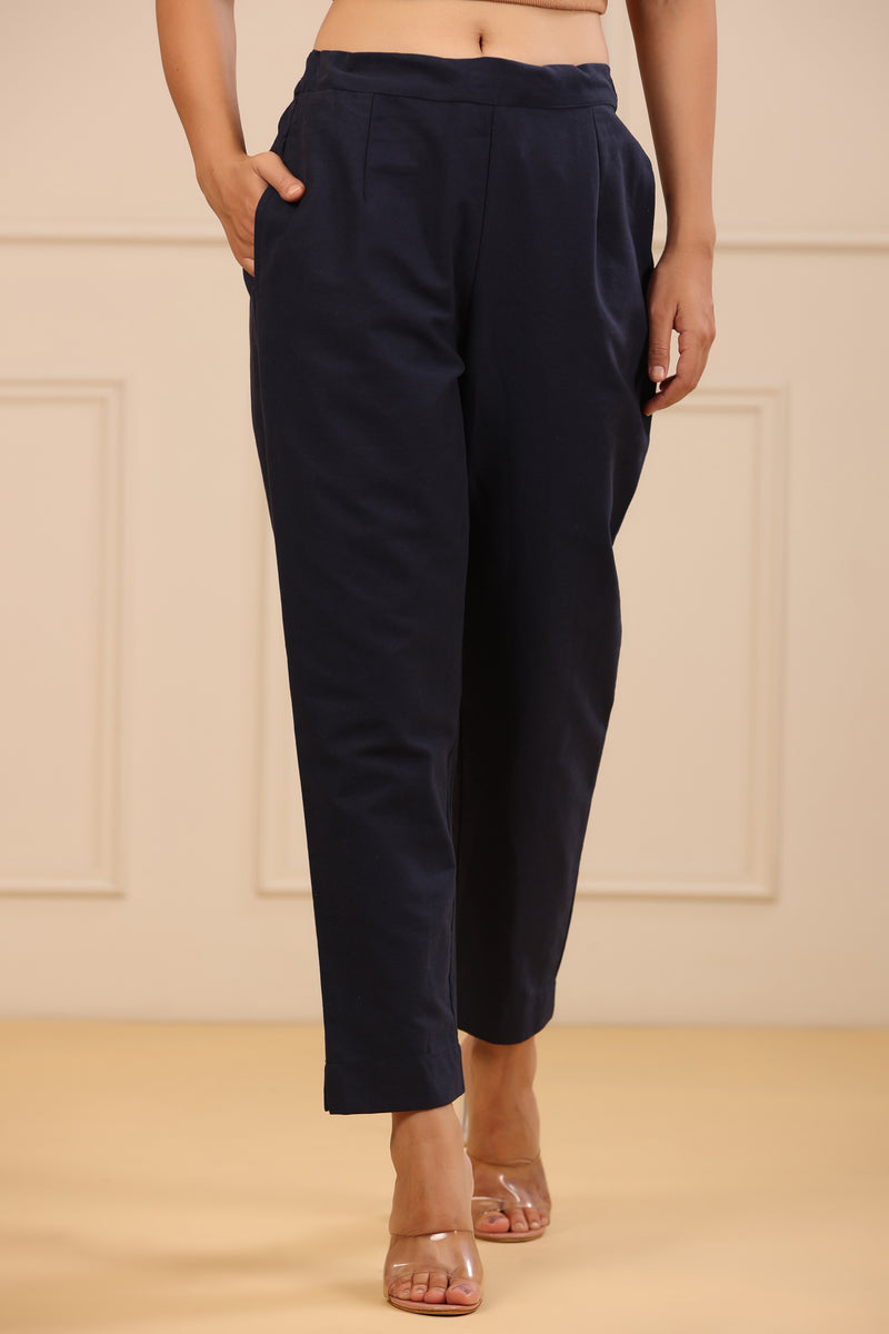 Juniper Women's Navy Cotton Twill Solid Straight Pant/Slim Pant
