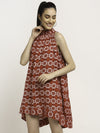 Aawari Rayon A-Line Red Half Choli Printed Collared Short Dress For Women and Girls