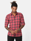 Men Coral & Navy Slim Fit Checked Cotton Casual Shirt