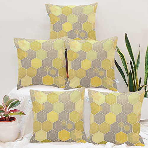 Set of 5 Yellow Hexa Printed Square Cushion Covers