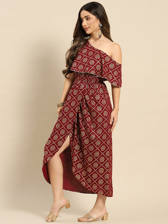 One Shoulder Yoke Overlap Printed Dress