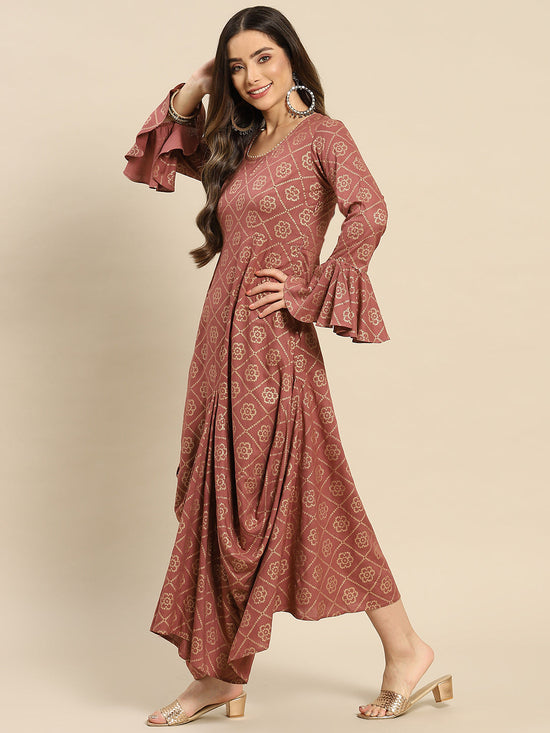 Bell Sleeve Long Dress With Front Drape