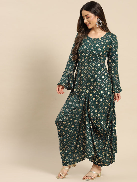 Bell Sleeve Long Dress With Front Drape