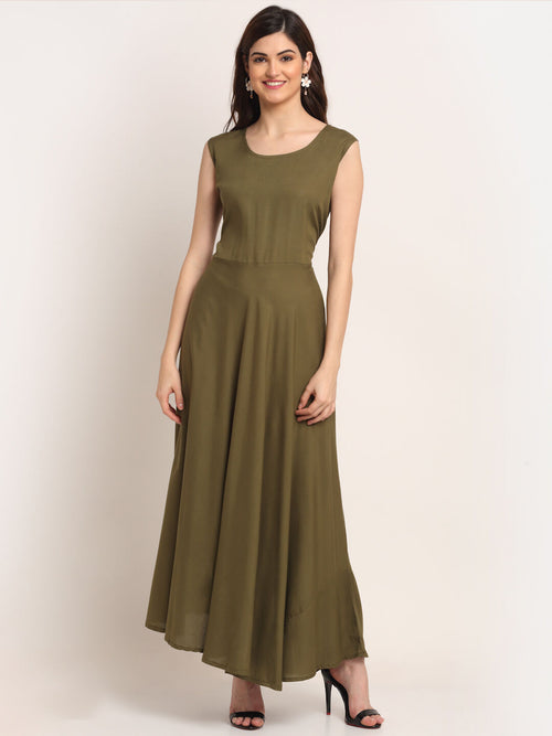 Aawari Rayon Plain Gown For Girls and Women Military