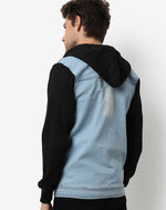 Campus Sutra Men's Light-Washed Blue & Black Regular Fit Denim Jacket For Winter Wear | Hooded Collar | Full Sleeve | Buttoned | Casual Denim Jacket For Man | Western Stylish Denim Jacket For Men