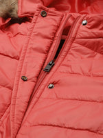 Women Red Solid Longline Parka Jacket With Detachable Hood