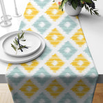 Ikat Yellow Teal Printed Cotton Canvas Table Runner (13 x 72 Inches )