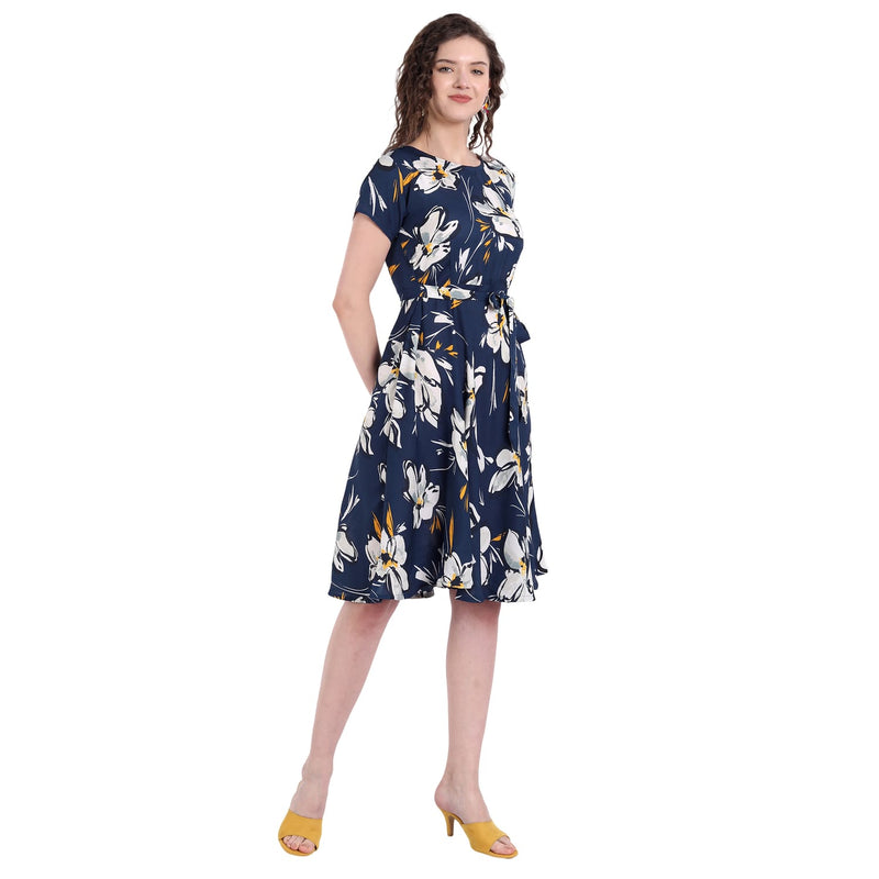 Myy Women'S Floral Digital Printed Knee Length Dress With Waist Tie Ups Dark Blue