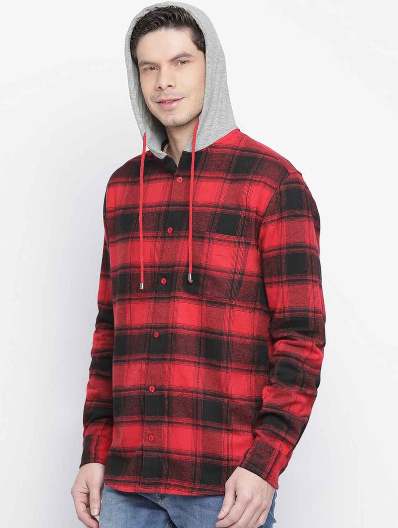 Wosome Red Brush Check Men Hooded Shirt