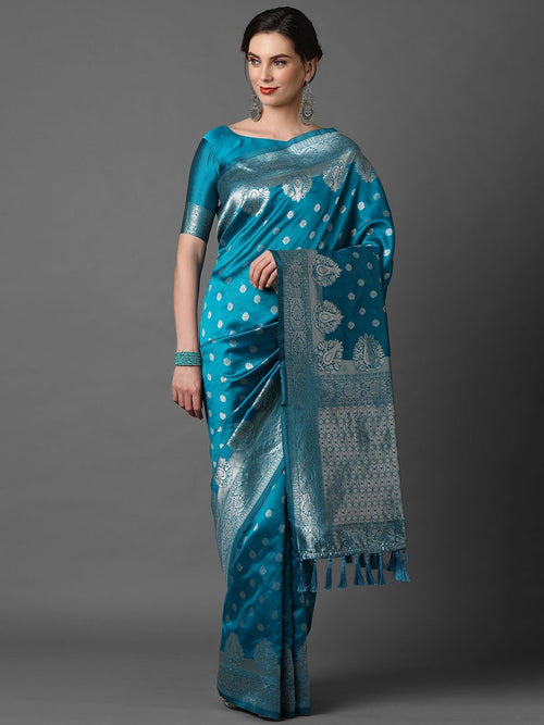 Elegant Sareemall Sky Blue Festive Silk Blend Woven Design Saree With Unstitched Blouse