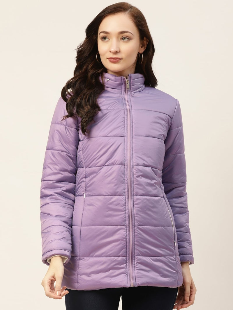 Women Purple Solid Padded Jacket With Detachable Hood