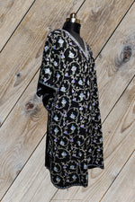 100% Cotton Long Black Kashmiri Kaftan with All Over Floral Aari Embroidery
