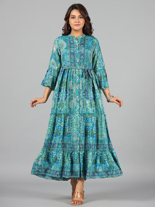 Juniper Women Blue Kasturi Silk Printed Tiered Maxi Dress