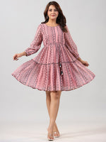 Juniper Women Peach Georgette Printed Short Tiered Dress