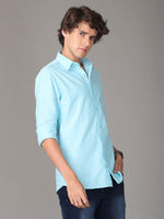 Oxford Chambray Turquoise Blue Slim Fit Cotton Casual Shirt