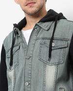 Campus Sutra Men's Medium-Washed Blue & Black Regular Fit Denim Jacket For Winter Wear | Hooded Collar | Full Sleeve | Buttoned | Casual Denim Jacket For Man | Western Stylish Denim Jacket For Men