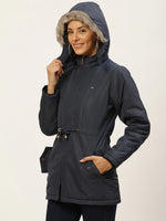 Women Navy Blue Parka Jacket With Detachable Hood