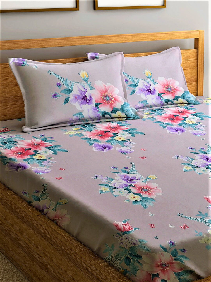 Home Sizzler Americana Pillow 144TC Microfibre Purple Double Bedsheet With 2 King Size Pillow Covers