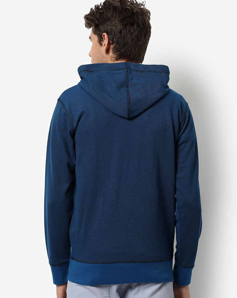 Campus Sutra Men's dark Blue Solid Textured Regular Fit Sweatshirt With Hoodie For Winter Wear | Full Sleeve | Cotton Sweatshirt | Casual Sweatshirt For Man | Western Stylish Sweatshirt For Men