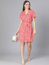 Aglow Red Floral Print Women Tie-Knot Casual Dress