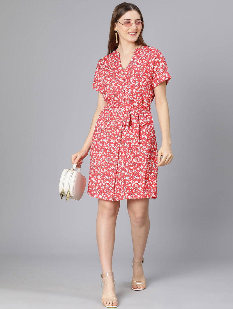 Aglow Red Floral Print Women Tie-Knot Casual Dress
