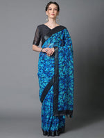 Sareemall Blue Casual Linen Designer Printed Saree With Unstitched Blouse