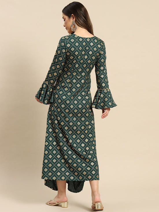 Bell Sleeve Long Dress With Front Drape