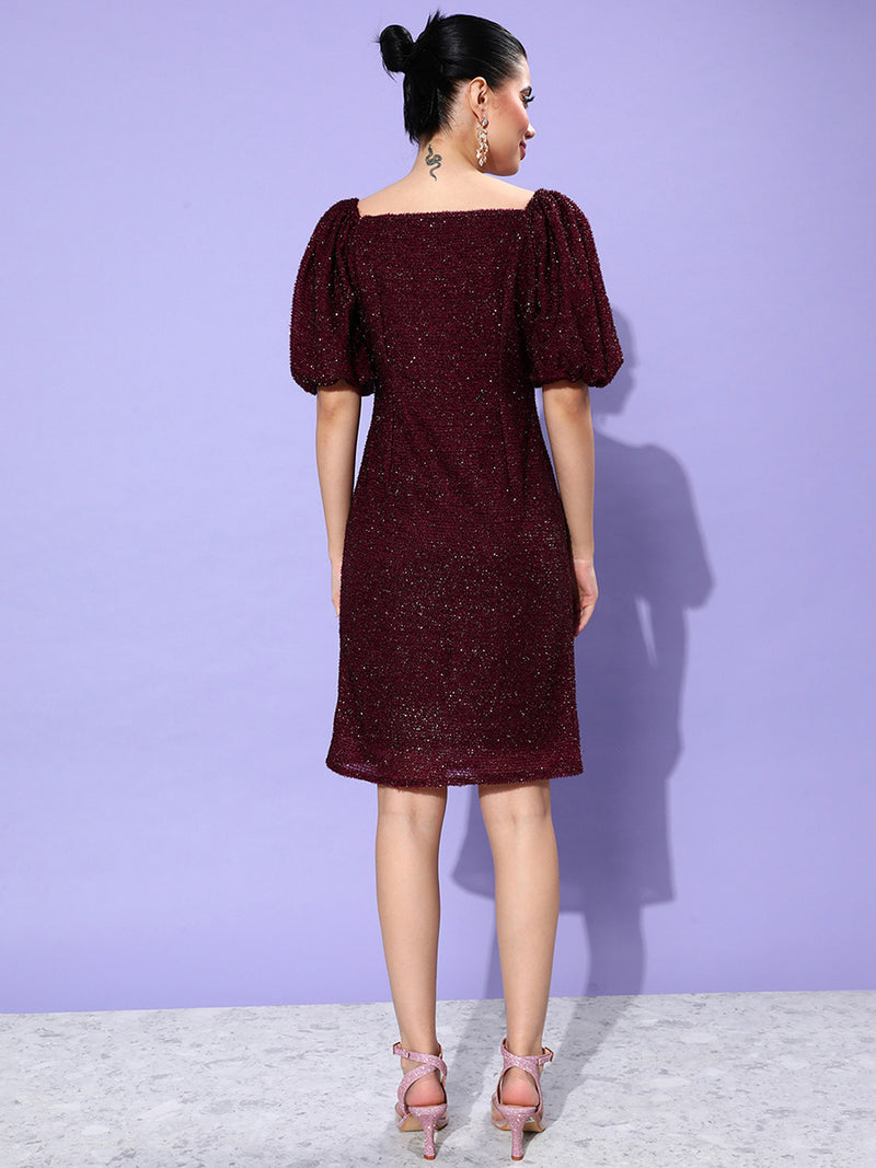 Wine And Dine Puff Sleeved Bodycon Dress Maroon