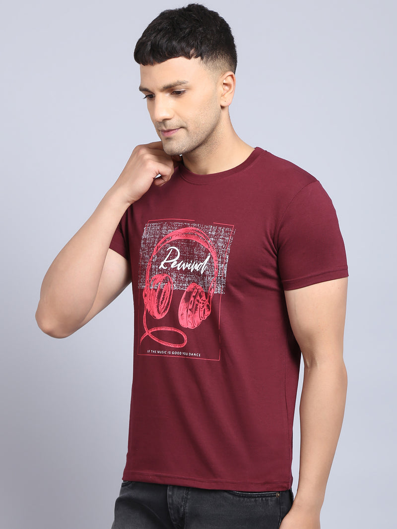 Rodamo Maroon Printed Round Neck T-shirts