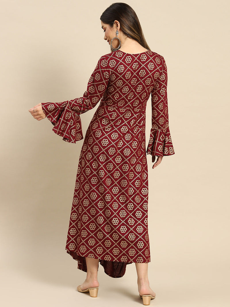 Bell Sleeve Long Dress With Front Drape