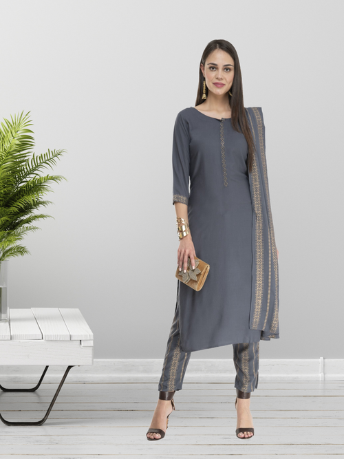 Subtle Grey Kurta Pant Set With Dupatta