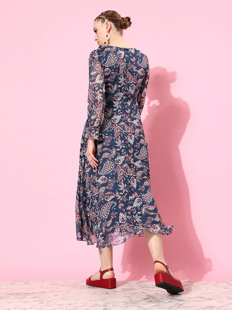 Warmth Of The Sun Frilled Midi Dress Multicolored-Base-Navy Blue