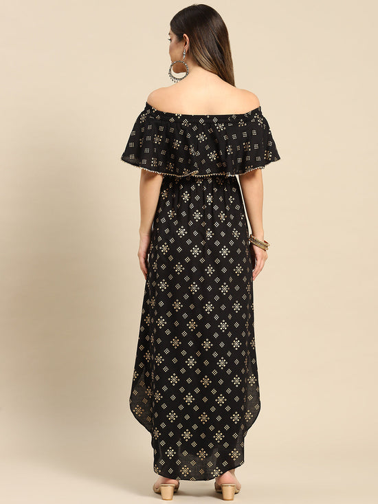 Off Shoulder Flare Yoke And U Hem Maxi Dress