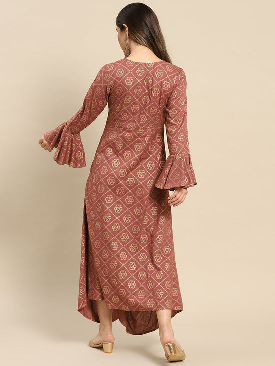 Bell Sleeve Long Dress With Front Drape