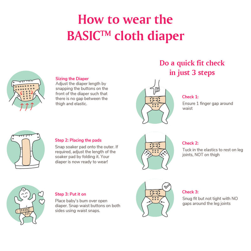 BASIC Pocket Diaper - Freesize Adjustable, Washable and Reusable pocket cloth diaper for day time use (with dry feel pad/soaker/insert)(Icecream)