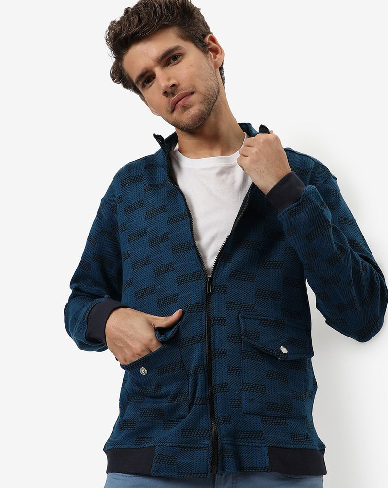 Campus Sutra Men's Indigo Blue & Black Textured Regular Fit Cotton Jacket For Winter Wear | Standing Collar | Full Sleeve | Zipper | Casual Jacket For Man | Western Stylish Jacket For Men