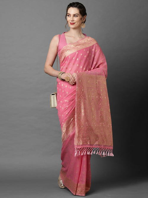 Sareemall Pink Festive Silk Pure Blend Woven Design Saree With Unstitched Blouse
