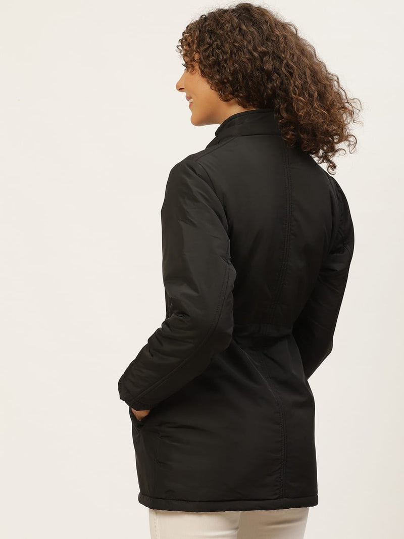 Women Black Solid Parka Jacket With Detachable Hood